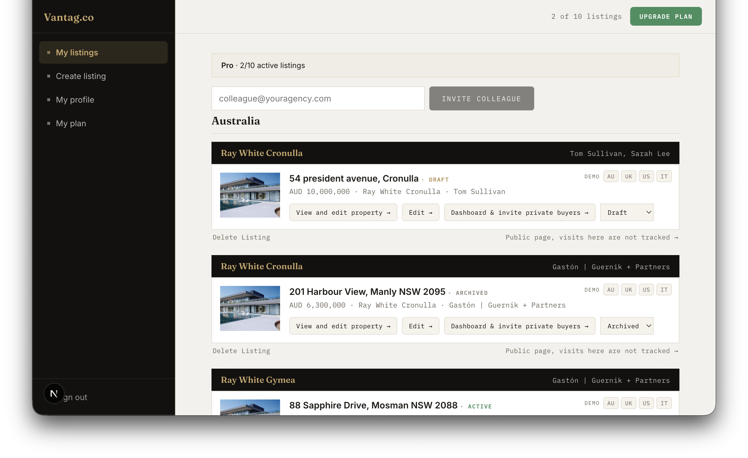 Agent admin, tarjetas de listing